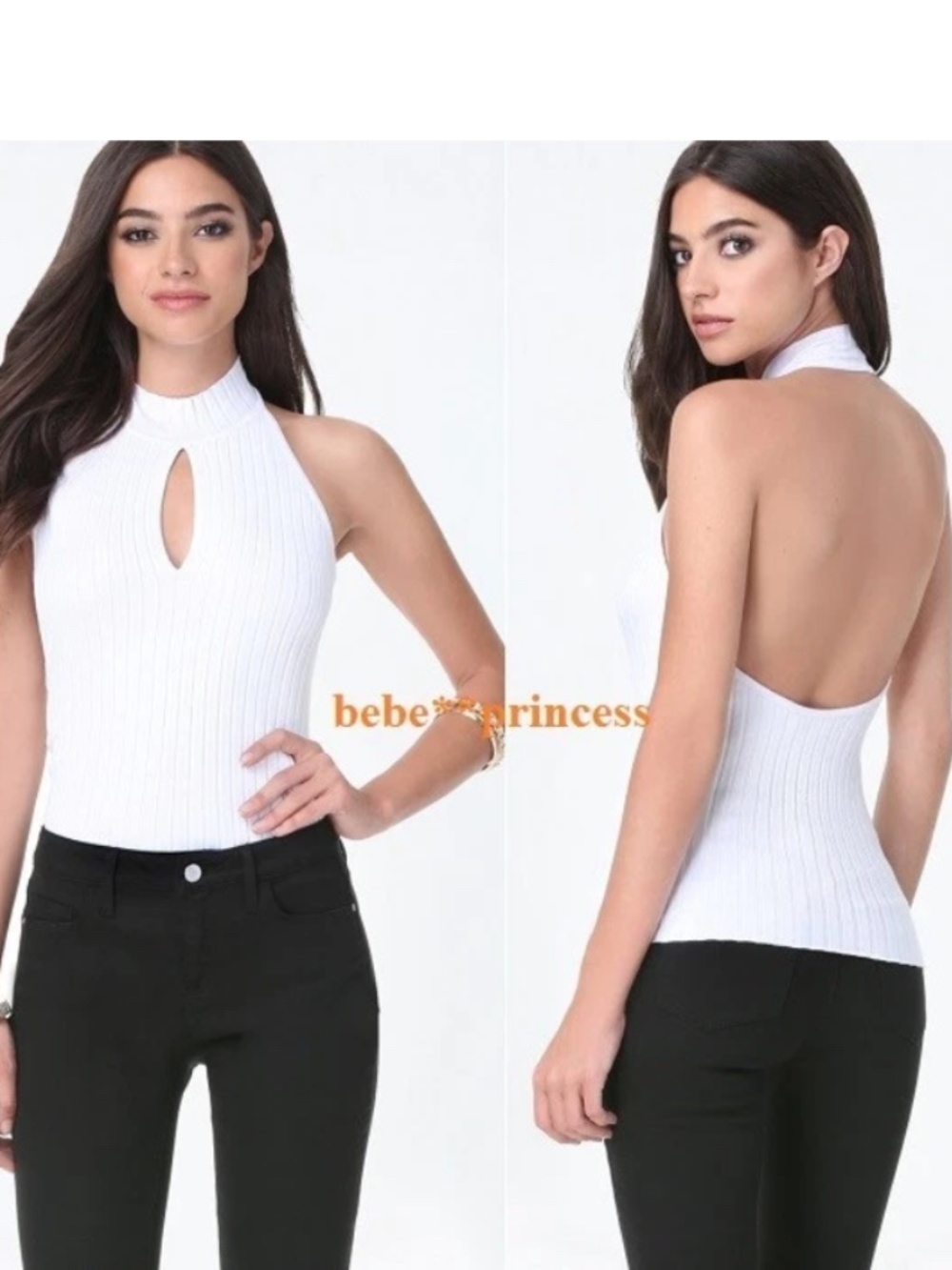 NEW Bebe Ivory White Halter Ribbed Knit Cutout Front Stretchy top XS 0 2
